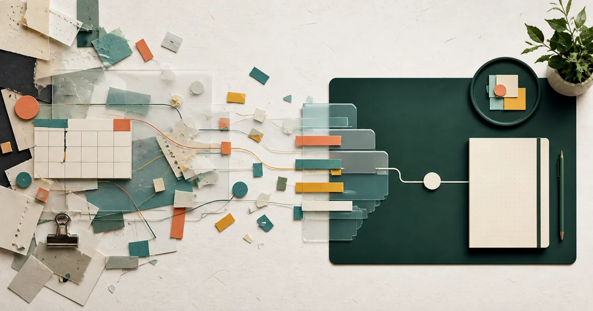 A calm workspace with connected tasks, notes, calendar blocks, and focus history arranged around one project.